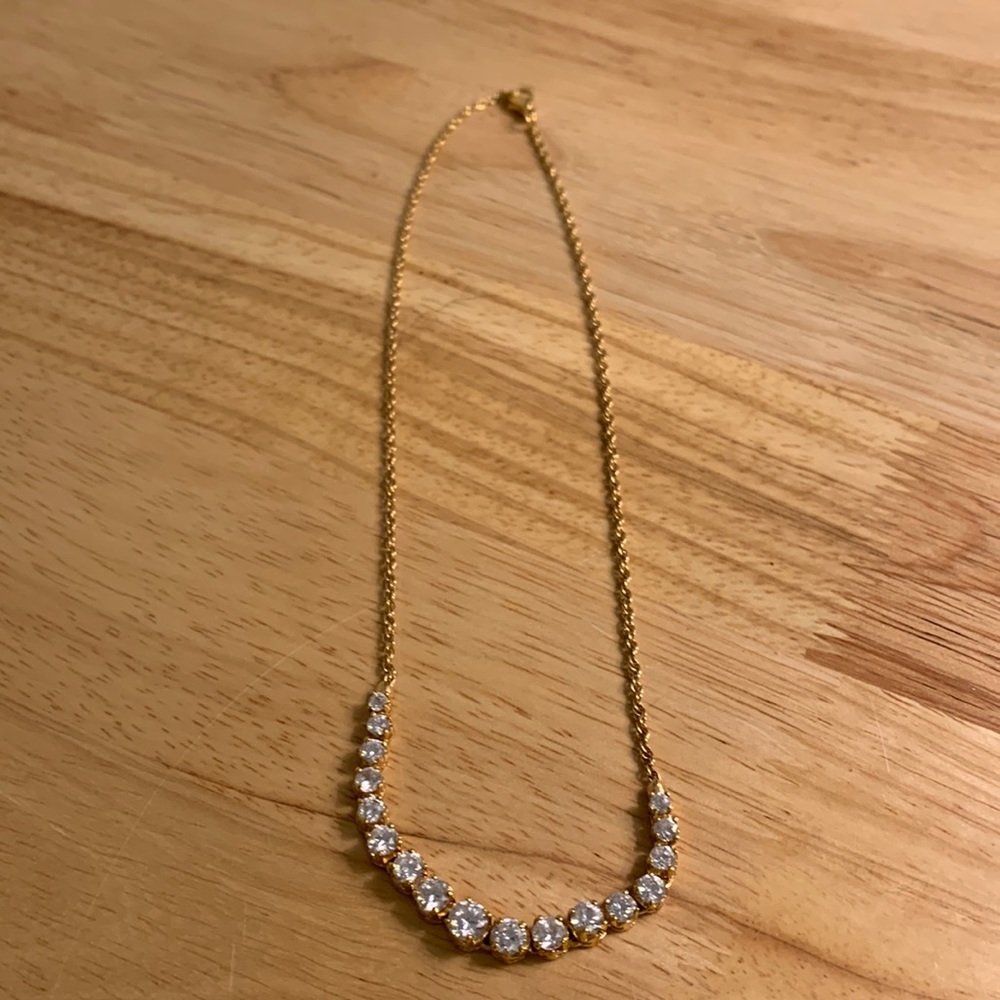 Vintage Graduated Clear Rhinestone Chain Necklace 18” Dainty Minimalist